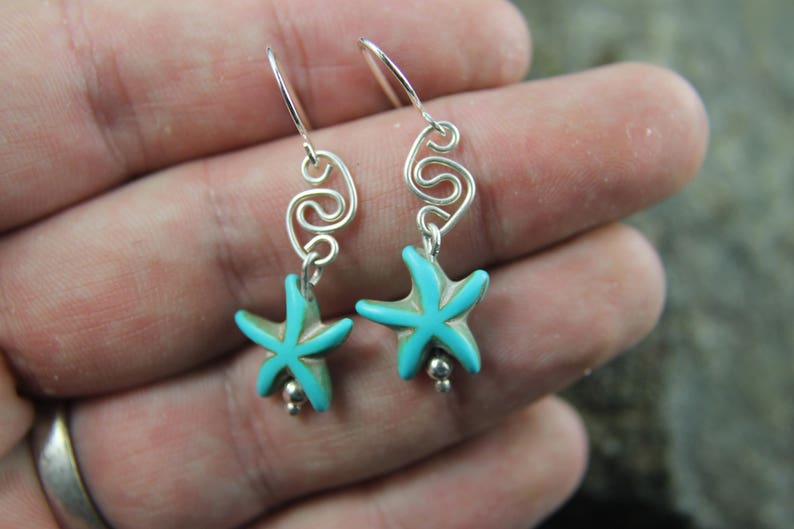Turquoise Starfish Bead Earrings Sterling Silver Ocean Beach Etsy