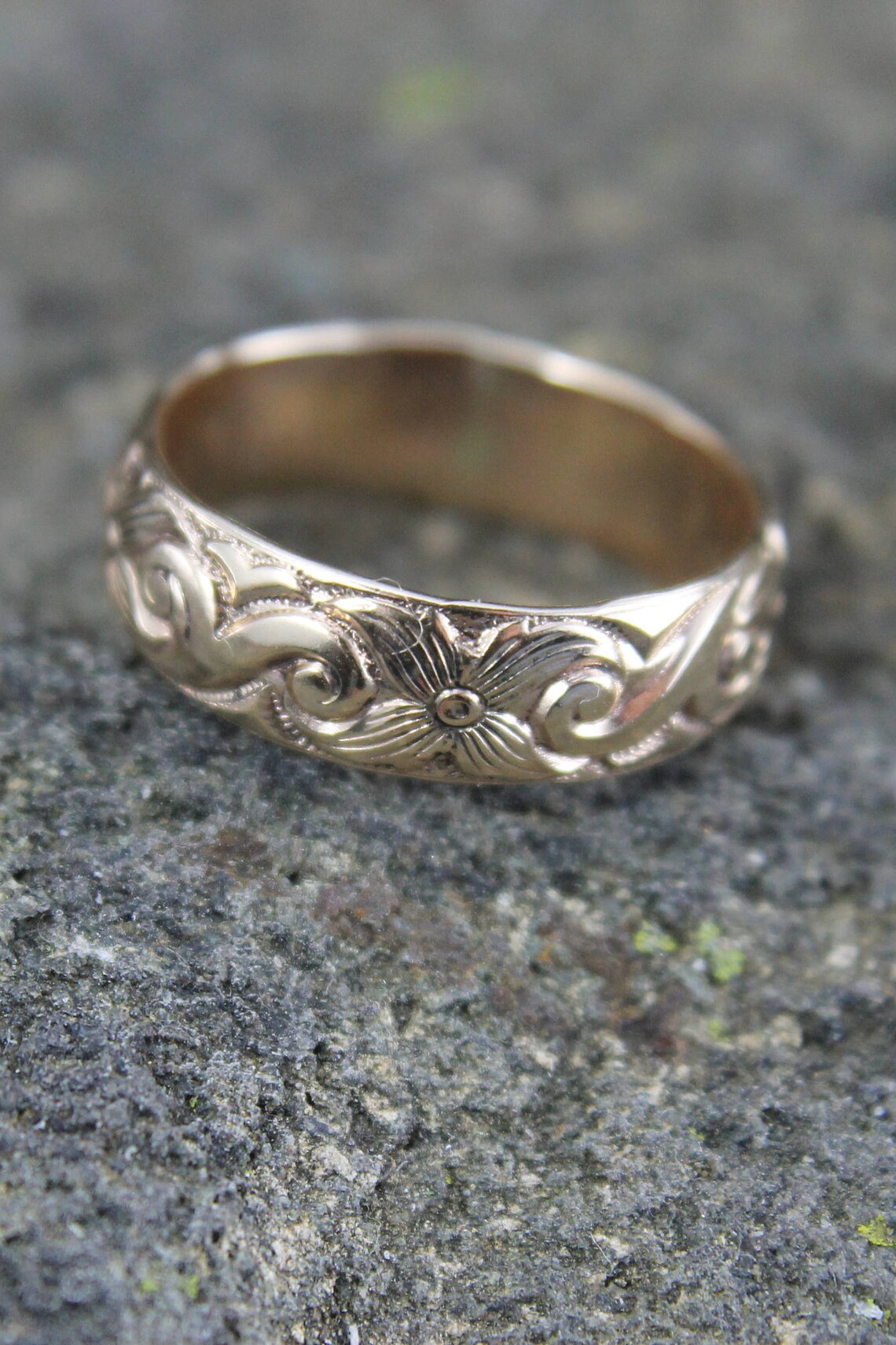 14K Gold Fill Wedding Band Embossed Flower and Wave Pattern Etsy
