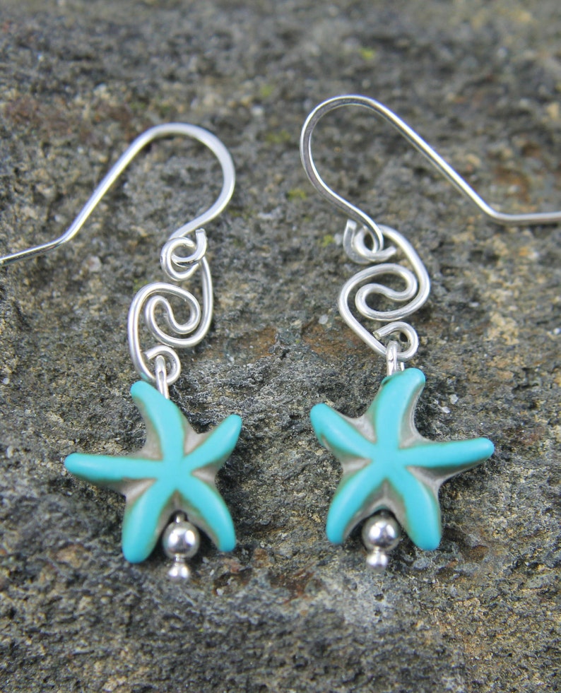 Turquoise Starfish Bead Earrings Sterling Silver Ocean Beach Etsy
