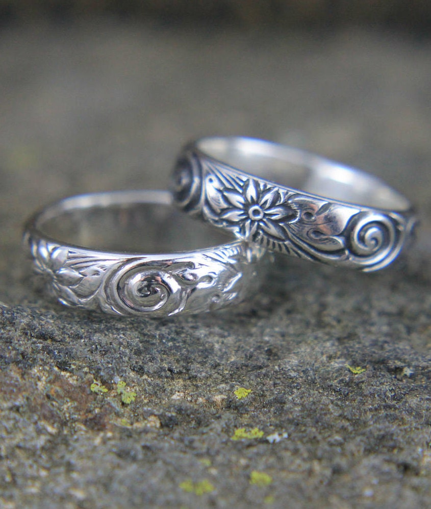 Sterling Silver Wedding Band Embossed Flower and Wave Pattern Etsy