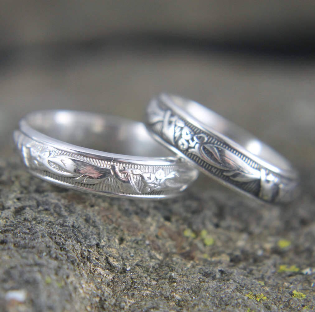 Sterling Silver Wedding Band Embossed Art Nouveau Pattern Etsy
