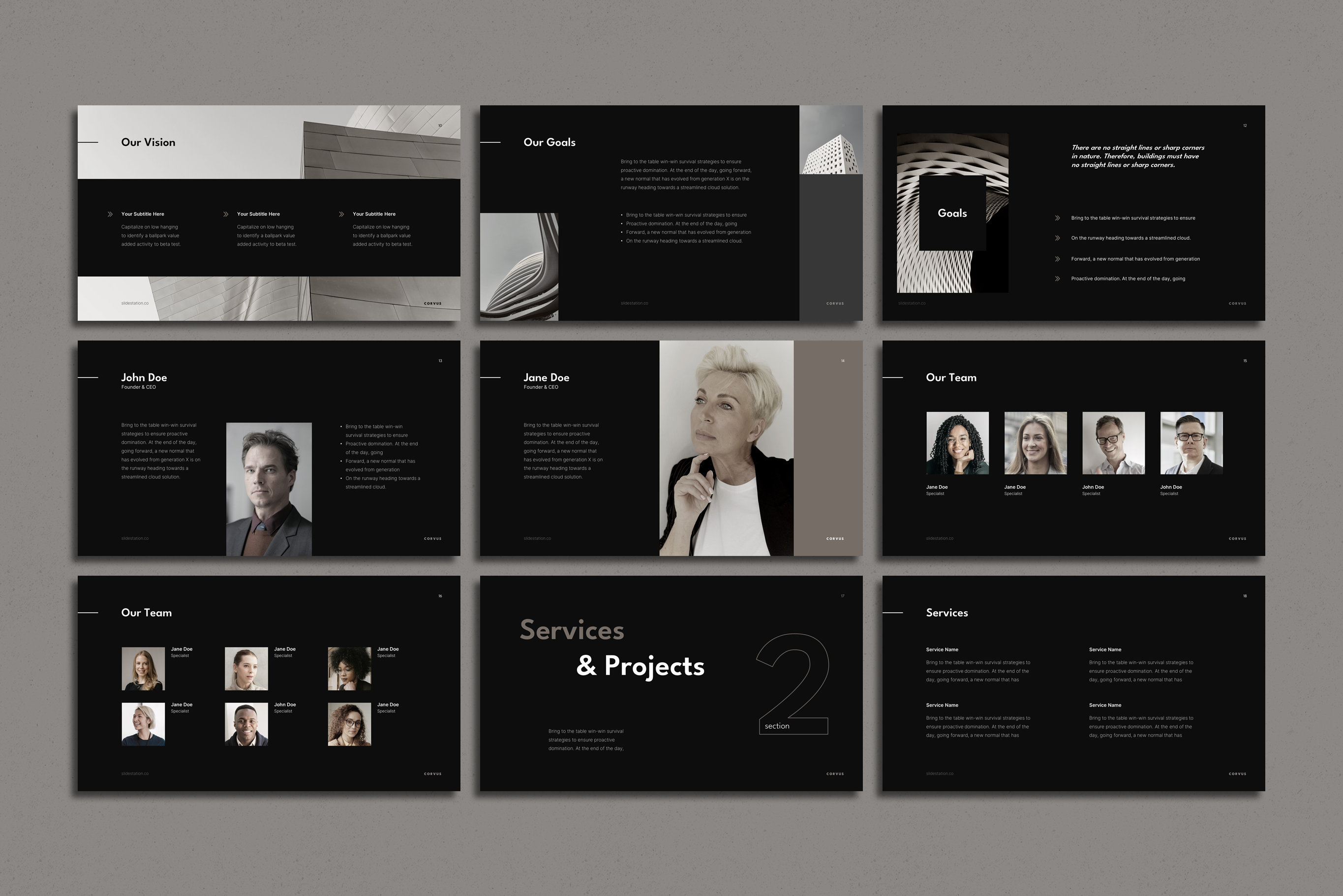 Corvus Minimalist Architecture Presentation - Dark Theme, Black, Beige ...
