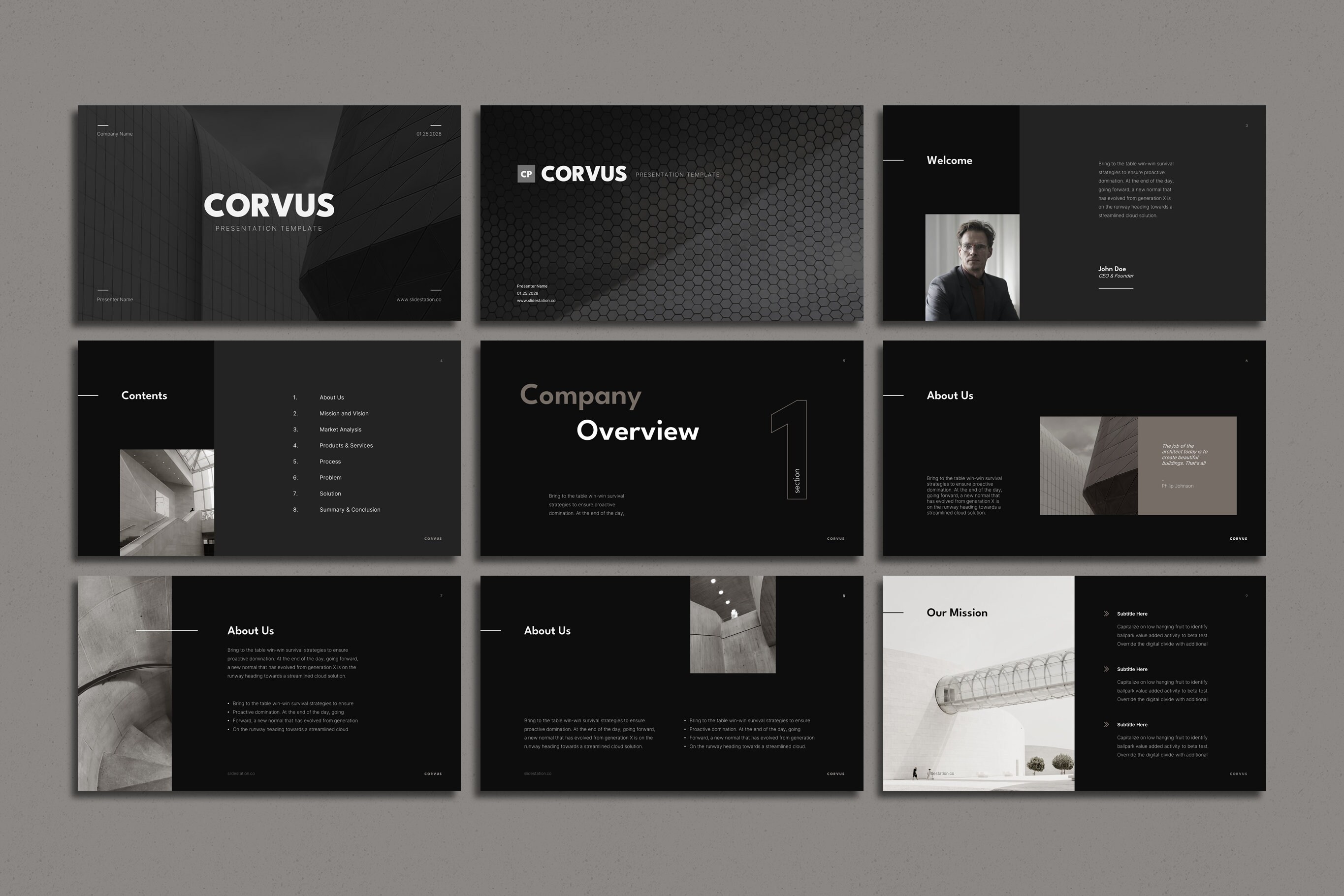 Corvus Minimalist Architecture Presentation - Dark Theme, Black, Beige ...