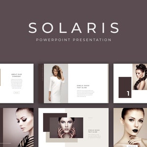 Puede incluir: Una plantilla de presentación de PowerPoint con el título "Solaris" y un diseño minimalista. Las diapositivas presentan imágenes de mujeres con diferentes peinados y ropa, y espacios reservados para títulos y descripciones.