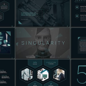May include: A dark blue presentation slide with the word "SINGULARITY" in a light blue font. The slide also includes a graphic of a robot's face and a hexagonal infographic with the text "96% Advancement" and "Completion Threshold".