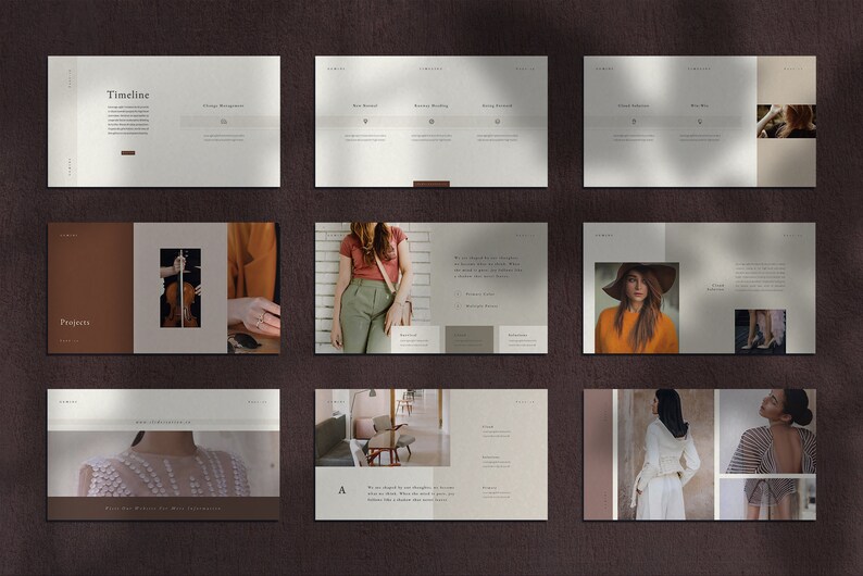 May include: A presentation with a timeline, progress, and other sections. The presentation features images of a woman playing the violin, a woman wearing a hat and a sweater, a woman wearing a white dress, and a woman wearing a striped shirt.