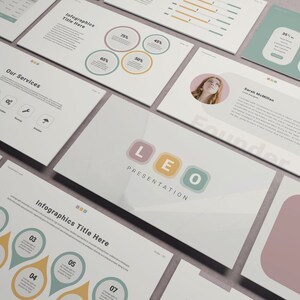 May include: A presentation slide deck with the title "LEO Presentation" in a light green, yellow, and light blue color scheme. The slide deck includes a variety of charts, graphs, and infographics. The slide deck also includes a photo of a woman with the title "Founder".