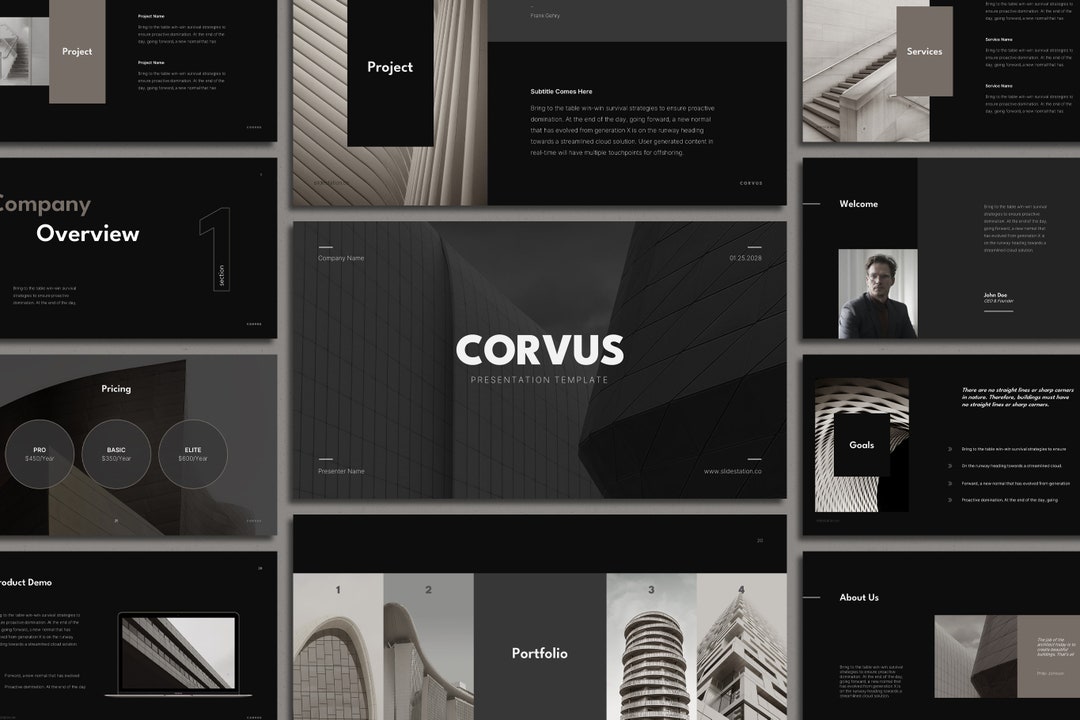 Corvus Minimalist Architecture Presentation - Dark Theme, Black, Beige ...