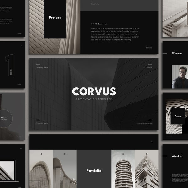 Corvus Minimalist Architecture Presentation - Dark Theme, Black, Beige, Neutral Colors, Sleek, Professional, Business, Company Profile