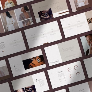 May include: A presentation template with a minimalist design featuring a timeline, charts, testimonials, and pricing information. The template uses a neutral color palette with beige and brown tones.