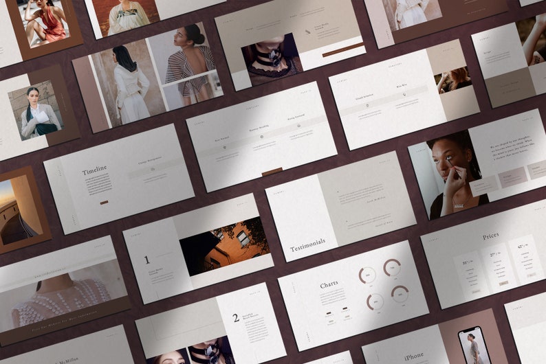 May include: A presentation template with a minimalist design featuring a timeline, charts, testimonials, and pricing information. The template uses a neutral color palette with beige and brown tones.