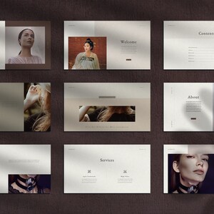 May include: A presentation template with a minimalist design featuring a muted color palette. The template includes images of people and text such as "Gemini", "Introduction", "Welcome", "Contents", "About", "Services".