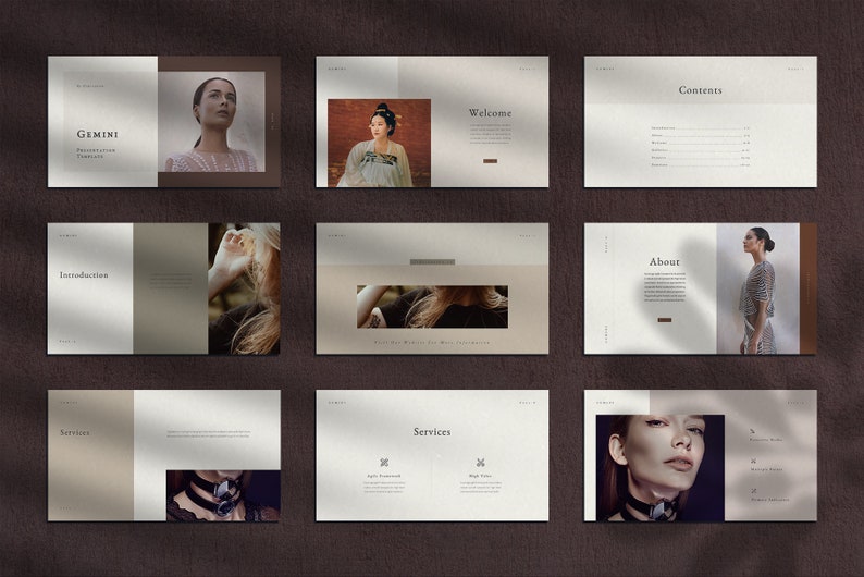 May include: A presentation template with a minimalist design featuring a muted color palette. The template includes images of people and text such as "Gemini", "Introduction", "Welcome", "Contents", "About", "Services".