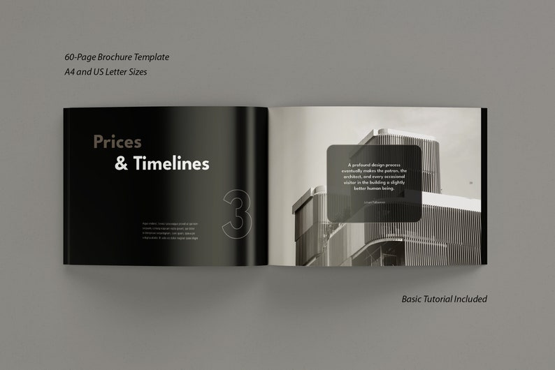 Minimalist Architecture Brochure Template with Dark Theme, Landscape Orientation, and Free Photos for Adobe InDesign and Affinity Publisher image 3