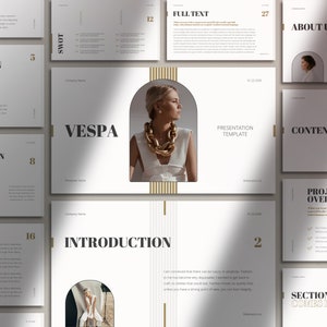 May include: A presentation template with a minimalist design featuring a woman wearing a white top and a gold chain necklace. The template includes slides with titles such as "Our Vision", "Project Overview", "Introduction", "About Us", "Content", and "Full Text".