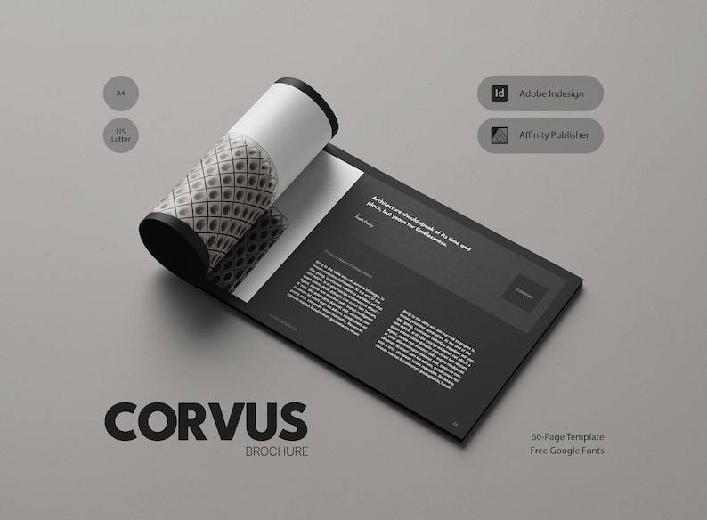 Minimalist Architecture Brochure Template with Dark Theme, Landscape Orientation, and Free Photos for Adobe InDesign and Affinity Publisher image 1