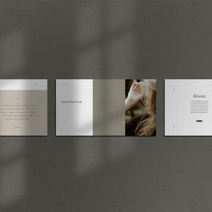 May include: Three mockups of a website design. The first mockup shows a woman wearing a gray jacket and a black bag. The second mockup shows the word "Introduction" in a simple font. The third mockup shows a woman wearing a striped shirt and the word "About" in a simple font.