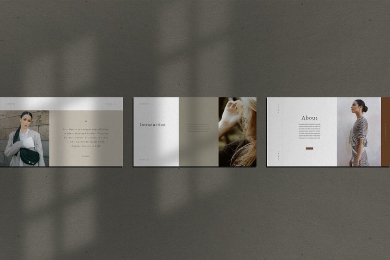 May include: Three mockups of a website design. The first mockup shows a woman wearing a gray jacket and a black bag. The second mockup shows the word "Introduction" in a simple font. The third mockup shows a woman wearing a striped shirt and the word "About" in a simple font.