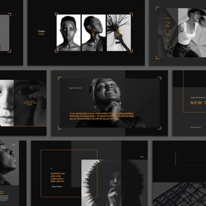 Modernes und professionelles Fotografie Portfolio Cygni Präsentationsvorlage mit dunklem Thema für PowerPoint, Keynote und Google Slides