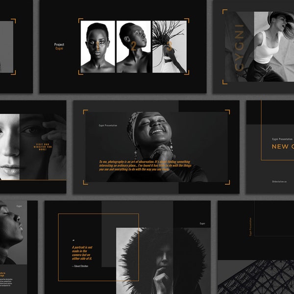 Modern and Professional Photography Portfolio Cygni Presentation Template with Dark Theme for PowerPoint, Keynote and Google Slides