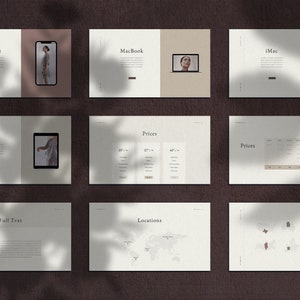 May include: A set of nine minimalist beige and white presentation slides with text and images. The slides feature a variety of topics, including product descriptions, pricing, and locations. The slides are designed to be used for a business presentation.
