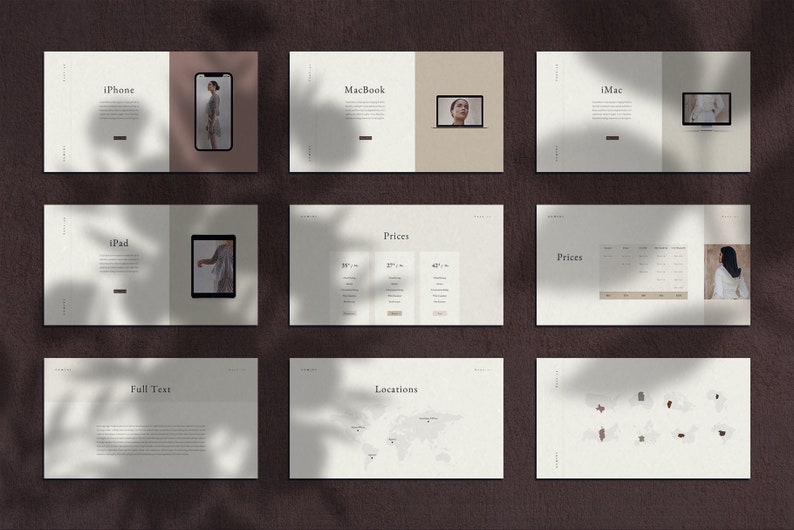 May include: A set of nine minimalist beige and white presentation slides with text and images. The slides feature a variety of topics, including product descriptions, pricing, and locations. The slides are designed to be used for a business presentation.