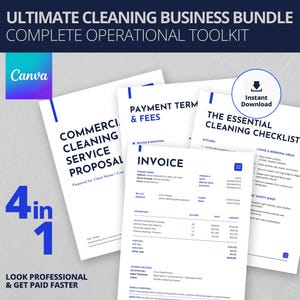 May include: A bundle of four documents for a cleaning business, including a service proposal, payment terms, an invoice, and a cleaning checklist. The documents are white with blue accents and text, with the Canva logo in the upper left corner. The text reads "Ultimate Cleaning Business Bundle".