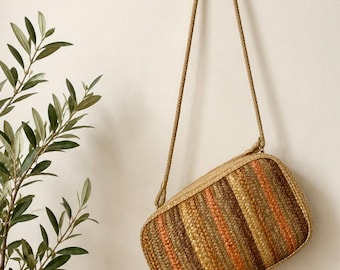 Vintage Papagallo Straw Boxy Handbag, Striped Woven Crossbody Bag, Boho 80s Purse