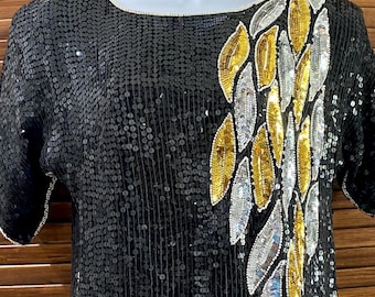 Vintage Sequin Top: Jean for Joseph Le Bon, Black, Gold & Silver, Size Small