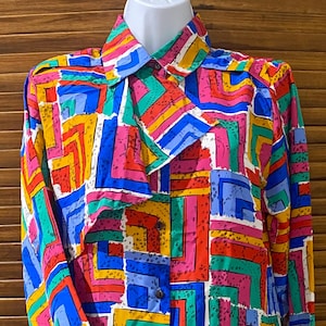 Alice Stuart Silky Polyester Button Down Abstract Colorful Blouse Size 10 1980’s