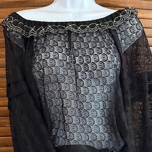 Vintage Sheer Lace Black and Silver Off the Shoulder Blouse Size Large 1970&#39;s - Vintage Disco Hippie Blouse
