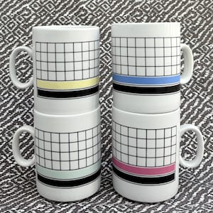 4 Vintage Checkerboard Porcelain Coffee Mugs 1980&#39;s