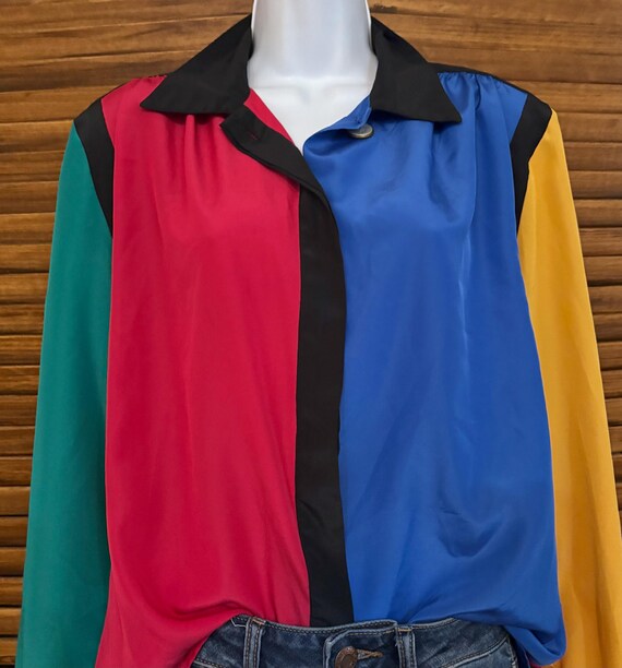 90's Lilli Ann Color Block Silky Polyester Button… - image 2