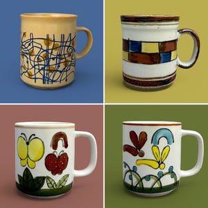 May include: Four ceramic mugs with distinct designs. The top left is tan with blue lines and yellow dots. The top right features a white base with a brown, blue, and yellow grid pattern. The bottom two mugs display colorful butterfly and floral motifs.