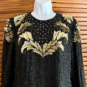 Laurence Kazar Sequined Long Sleeved Top in Black and Gold Sequins and Beads Size S