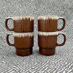 4 Vintage Drip Ceramic Stacking Mugs Made in Japan - Brown Ceramic Coffee Mug 1970's