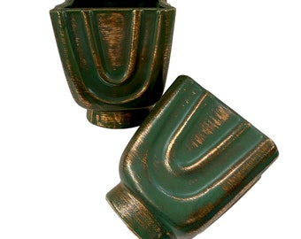 Vintage Green and Gold Ceramic Vase Set, Indoor Planter, Pottery Planter, Leaf Planter, Boho Vase