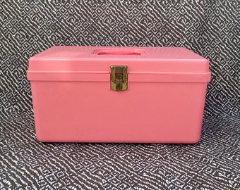 Vintage Wilson Pink Plastic Sewing Storage Box with Handle and Organizer 1960's