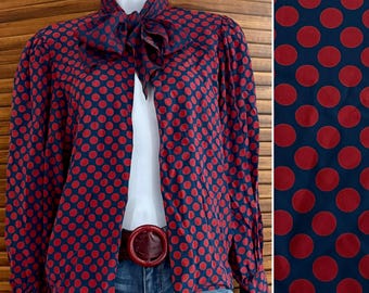 Vintage Polka Dot Blouse/Jacket: Navy, Burgundy Tie Neck Silk (Size M) by Malcom Starr