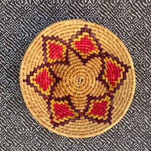 Vintage Tan, Pink, Yellow and Purple Woven Decorative Basket