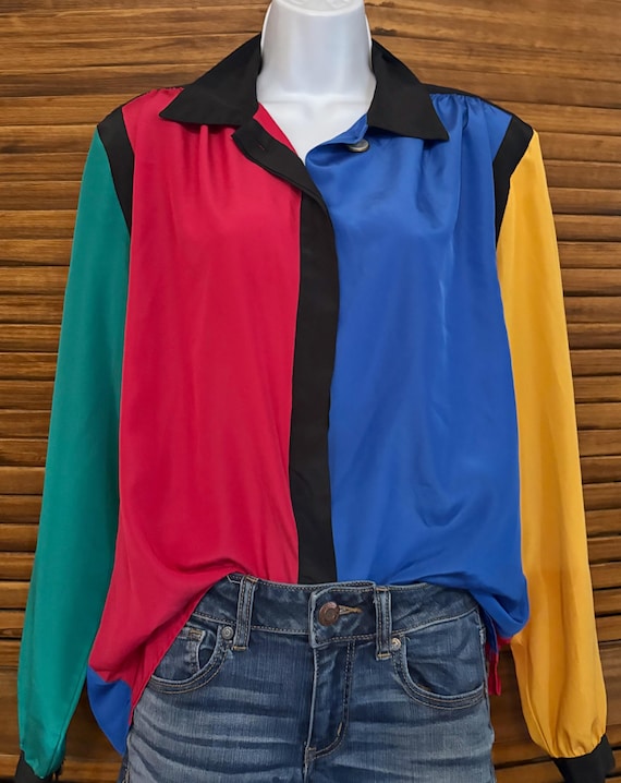 90's Lilli Ann Color Block Silky Polyester Button… - image 1