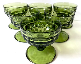 6 Indiana Glass Whitehall Colony Cubist Sherbert/Coupe Green Glasses // Set of 6 // 1970's