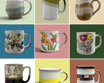 Vintage Stoneware Mug: Vintage Pattern Ceramic Coffee Cup (70s 80s Pottery) Choose One