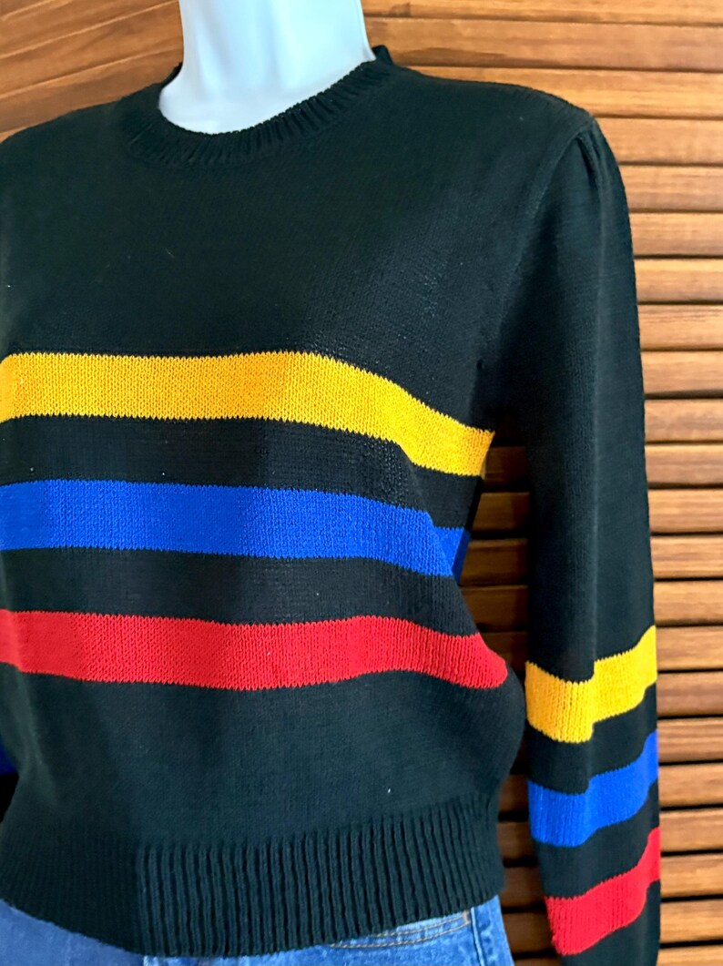 Pu&ograve; includere: Maglione nero con strisce orizzontali gialle, blu e rosse. Il maglione ha un girocollo e maniche lunghe. Le strisce sono uniformemente distanziate sul petto e sulle maniche.