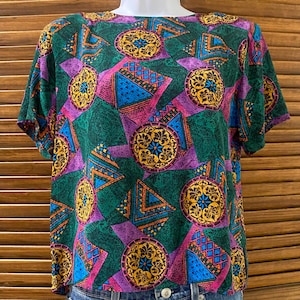 Vintage 80&#39;s Dahan Jewel Toned Graphic Print 100% Silk Top Sz Small