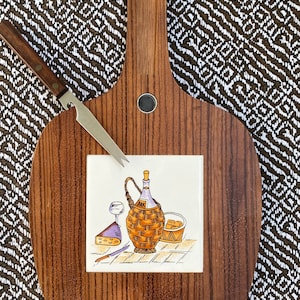 Vintage Walnut and Ceramic Cheese Board, Wood Serving Platter, Ceramic Cheese Board, Hanging Cheese Board, Made in Japan