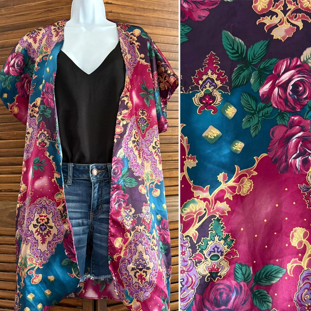 Vintage 90s Satin Robe or Jacket | Floral Asian Boho Inspired Duster ...
