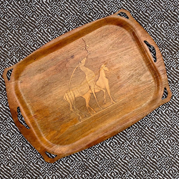 Vintage Wood Inlay Horse Tray Decorative or Serving
