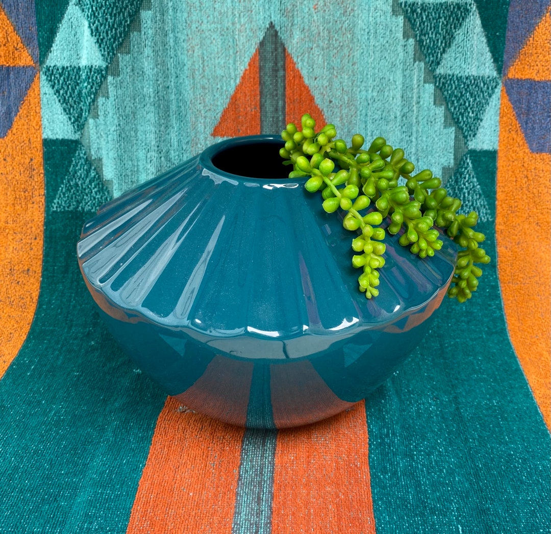 Vintage Teal Circular Ribbed Vase, Boho Retro 80s Blue Pottery Vase Etsy