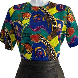 Vintage Notations Polyester Print Short Sleeved Work Office Blouse Size M